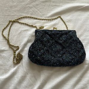 Vintage navy blue beaded crossbody clutch